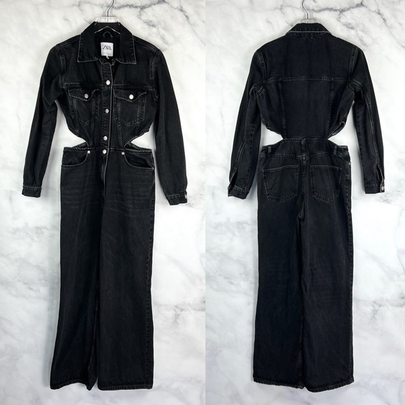 Zara Cut Out Full Length Wide Leg Collared Denim Jumpsuit Edgy Grunge Black M - Picture 3 of 7